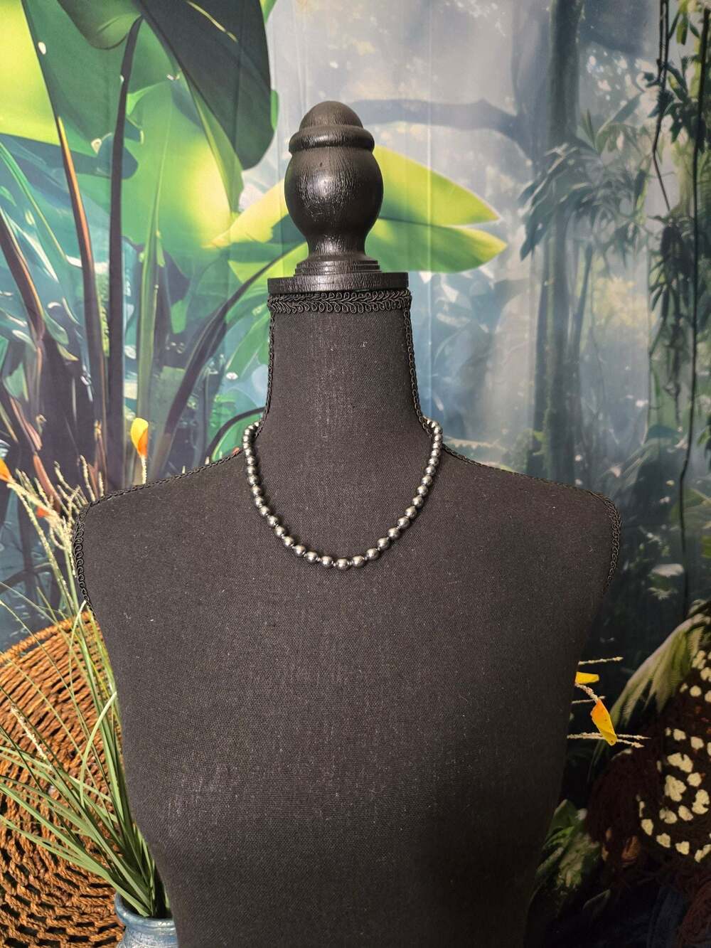 Vintage Hematite Bead Necklace with Filigree Clasp